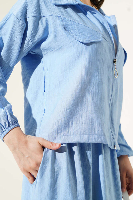 Zippered Pocket Flap Skirted Two Piece Suit Blue