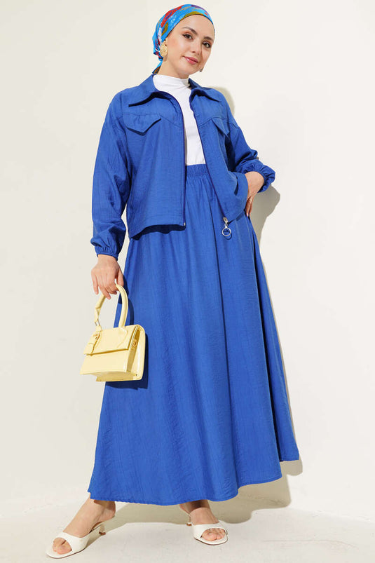 Zippered Pocket Flap Skirted Two Piece Suit Saxe