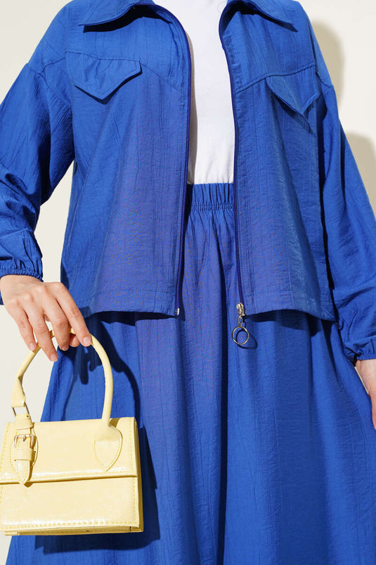 Zippered Pocket Flap Skirted Two Piece Suit Saxe