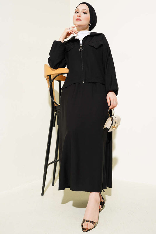 Zippered Pocket Flap Skirted Two Piece Suit Black