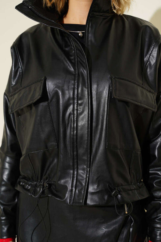 Fermuarlı Cep Kapaklı Kısa Deri Ceket Siyah