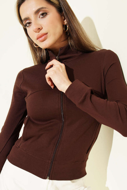 Zippered Pocketed Cropped Cardigan Brown