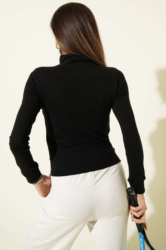 Fermuarlı Cepli Crop Hırka Siyah