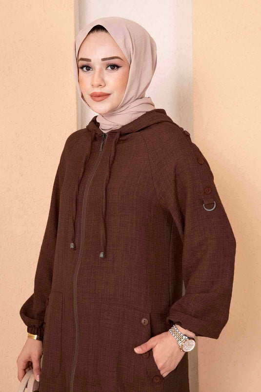Long Hijab Coat with Zipper and Pocket Brown