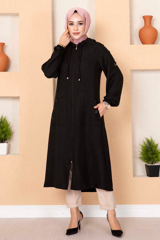 Long Hijab Coat with Zippered Pockets Black