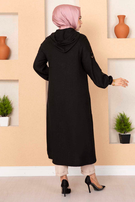 Long Hijab Coat with Zippered Pockets Black