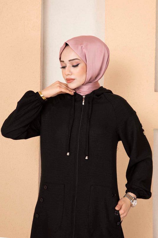 Long Hijab Coat with Zippered Pockets Black