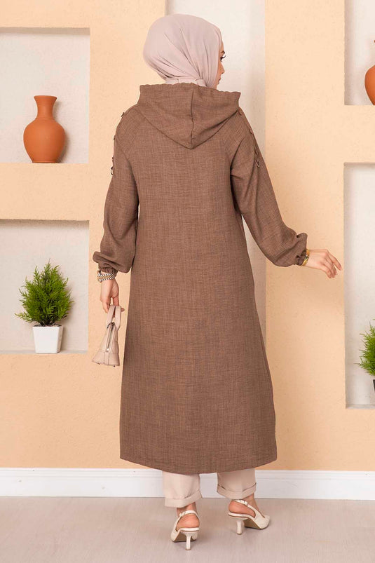 Fermuarlı Cepli Uzun Tesettür Kap Tütün