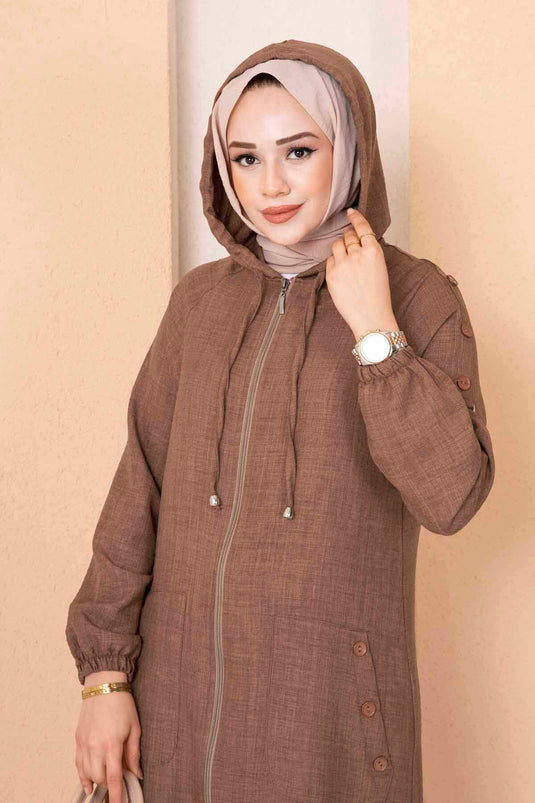 Fermuarlı Cepli Uzun Tesettür Kap Tütün