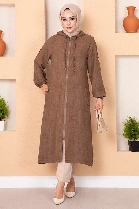 Fermuarlı Cepli Uzun Tesettür Kap Tütün