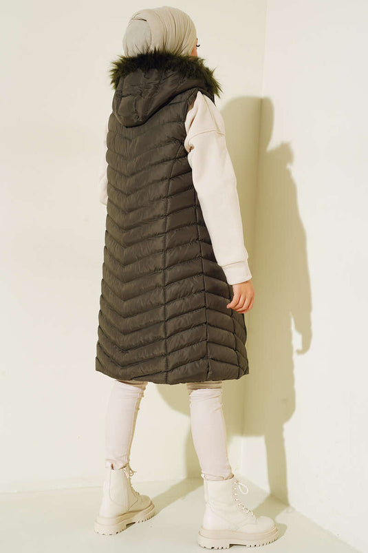 Gewatteerd vest met capuchon en ritssluiting Kaki