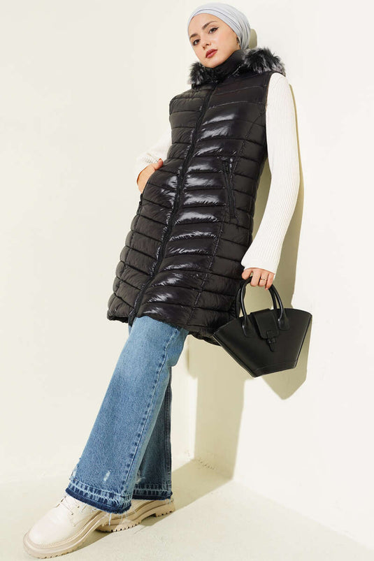 Black Hooded Puffer Vest with Zipper Pockets