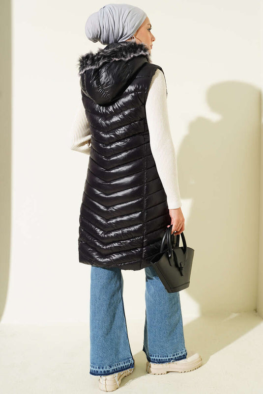 Black Hooded Puffer Vest with Zipper Pockets