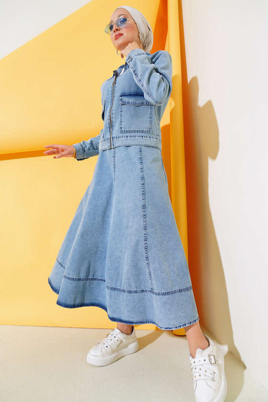 Fermuarlı Cepli Kot Takım Kot Mavisi