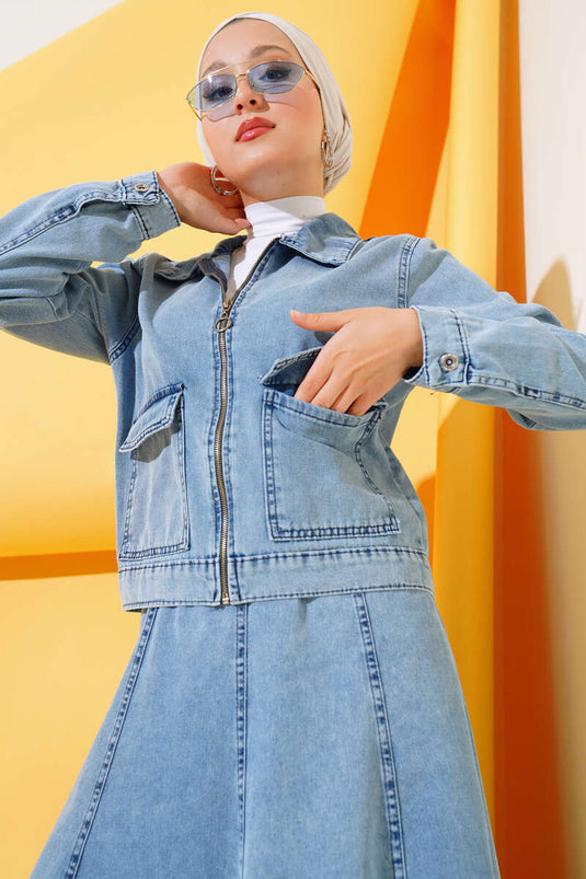 Fermuarlı Cepli Kot Takım Kot Mavisi