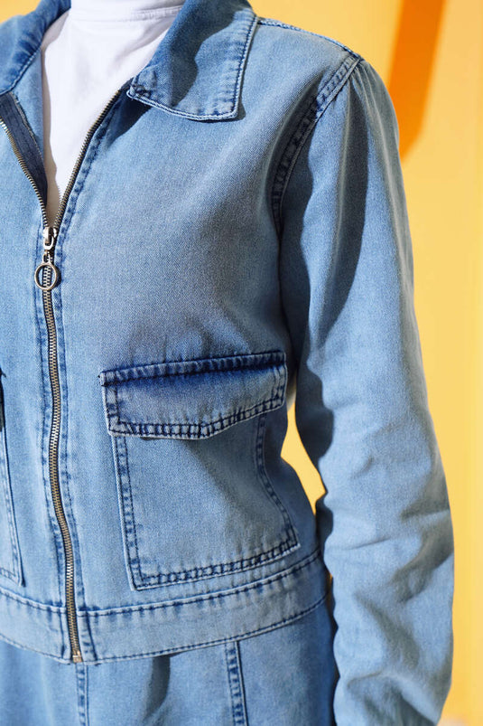 Fermuarlı Cepli Kot Takım Kot Mavisi