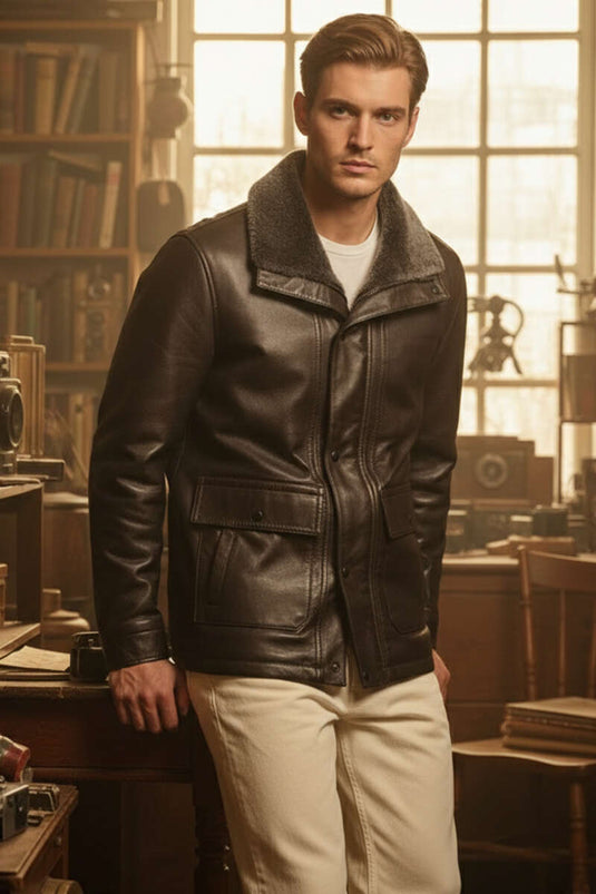 Men's Leather Jacket with Collar Fur, Zippered Pockets, Brown