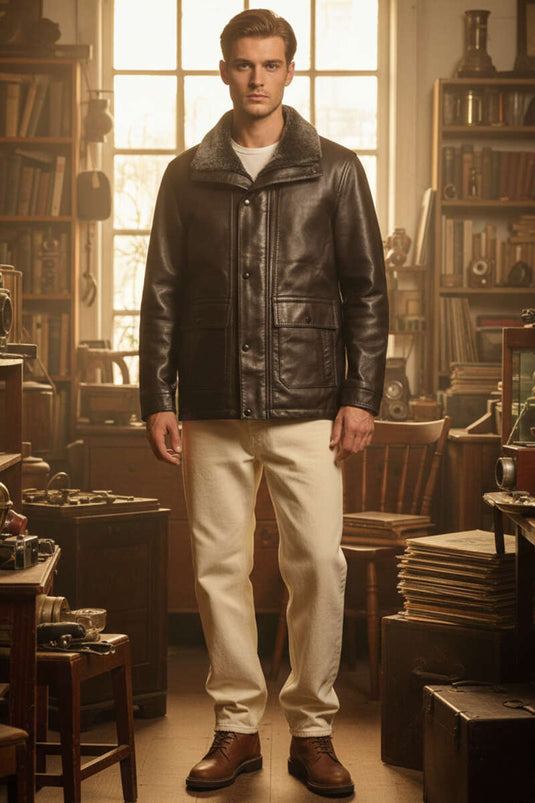 Men's Leather Jacket with Collar Fur, Zippered Pockets, Brown