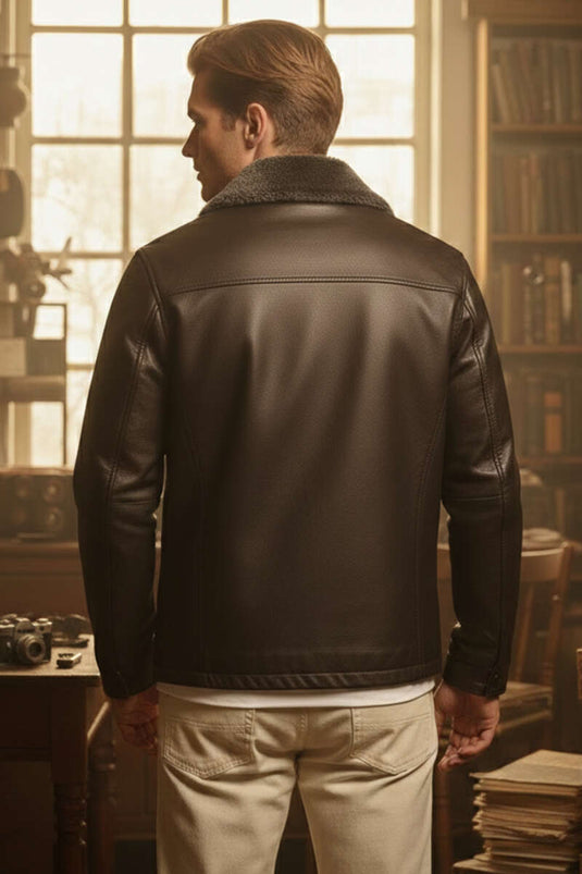 Men's Leather Jacket with Collar Fur, Zippered Pockets, Brown