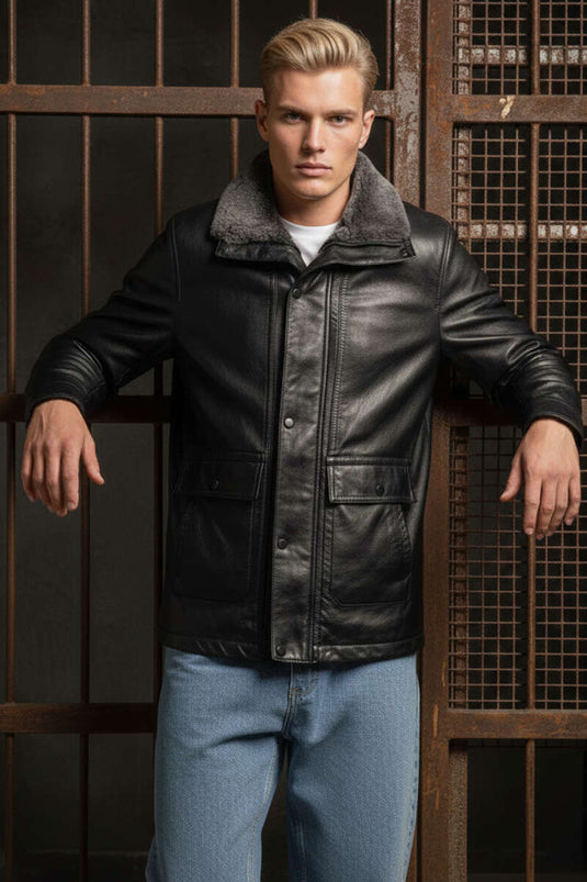 Fermuarlı Cepli Yaka Kürklü Erkek Deri Mont Siyah