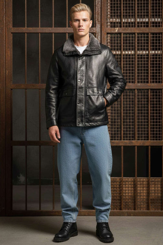 Fermuarlı Cepli Yaka Kürklü Erkek Deri Mont Siyah