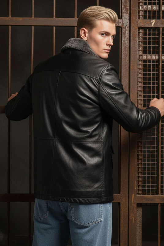 Fermuarlı Cepli Yaka Kürklü Erkek Deri Mont Siyah