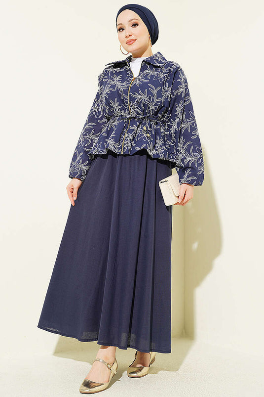 Ensemble Deux Pièces Modeste avec Jupe à Motif Floral et Fermeture Éclair Bleu Marine