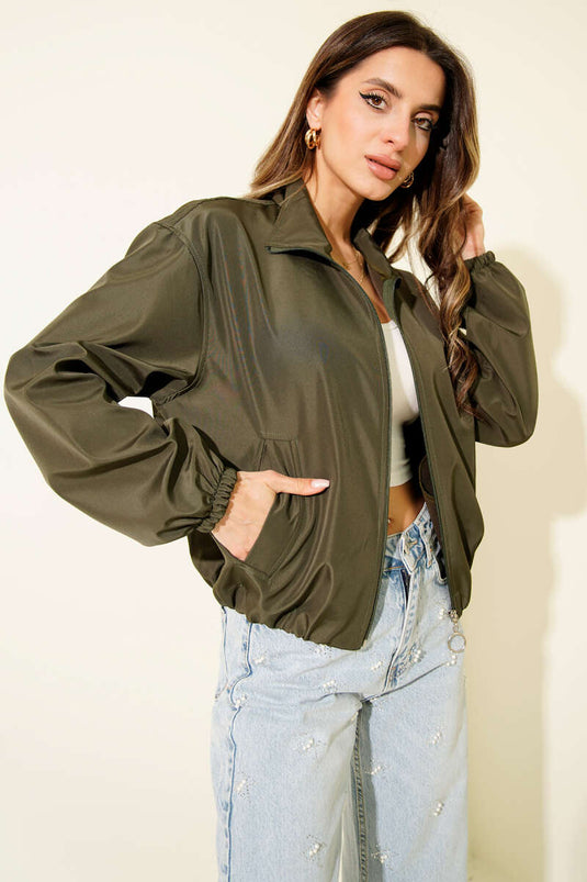 Short Jacket with Double Zipper Pockets, Khaki