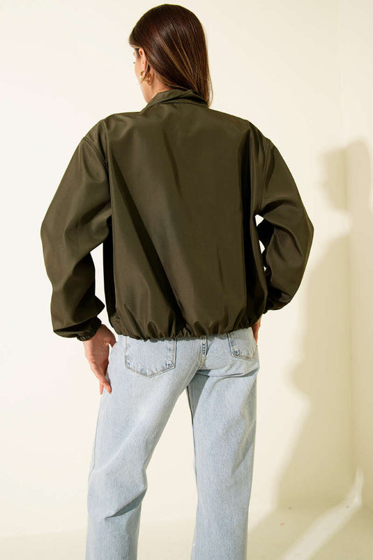 Short Jacket with Double Zipper Pockets, Khaki