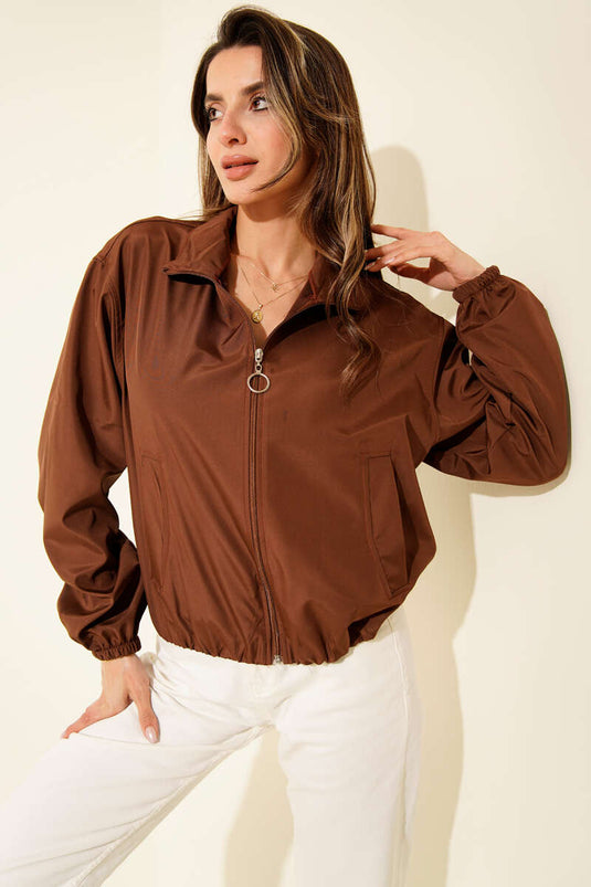 Short Jacket with Double Zipper Pockets, Brown