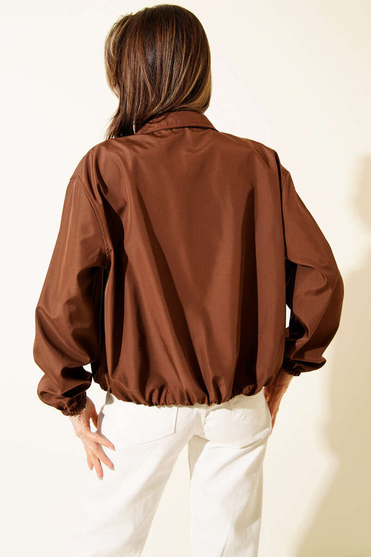 Short Jacket with Double Zipper Pockets, Brown