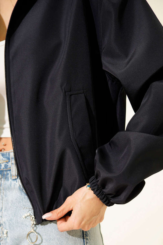 Navy Short Jacket with Double Zipper Pockets