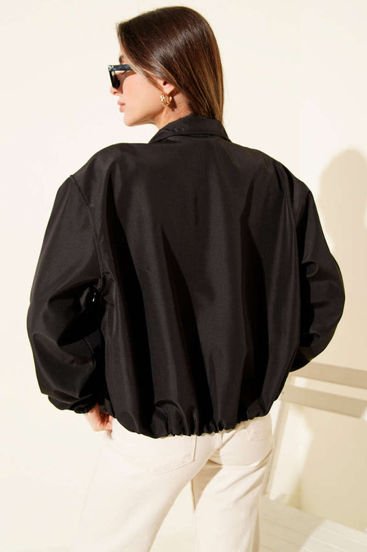 Short Jacket with Double Zipper Pockets, Black