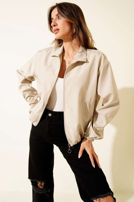 Short Jacket with Double Zipper Pockets (Stone)