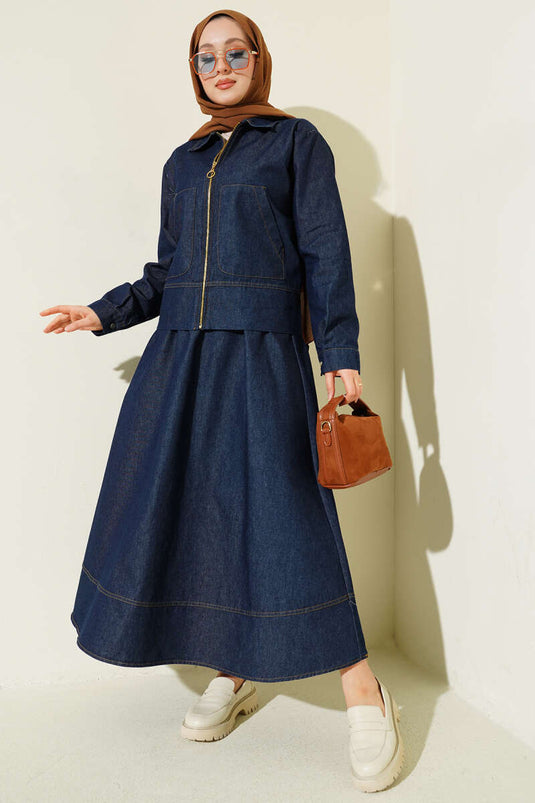 Ensemble jupe en jean à fermeture éclair avec double poche bleu marine