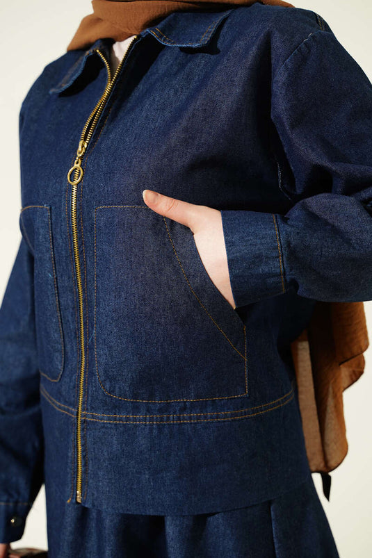Ensemble jupe en jean à fermeture éclair avec double poche bleu marine