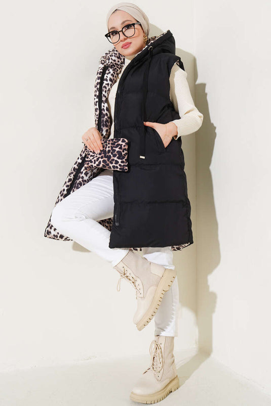 Gilet gonflable réversible à fermeture éclair Léopard Noir