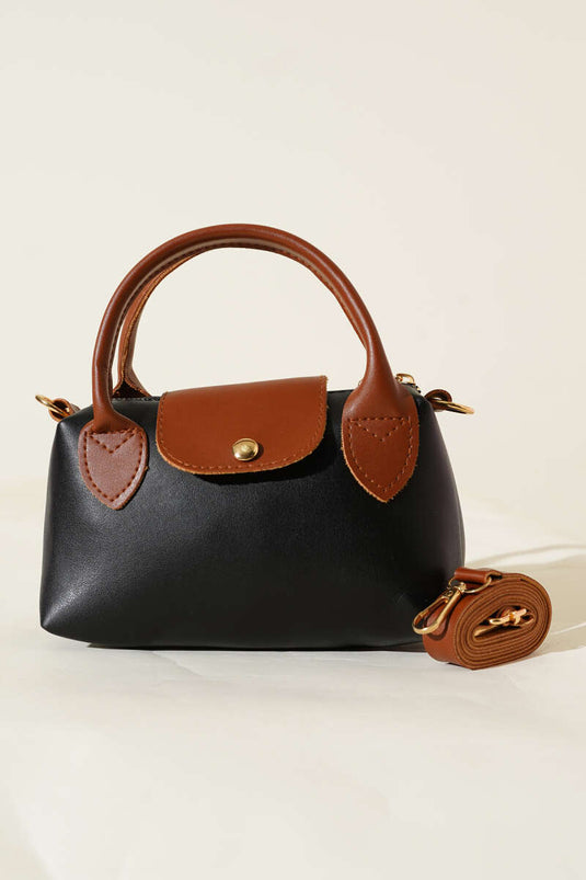 Zipper and Snap Closure Bag, Black and Tan