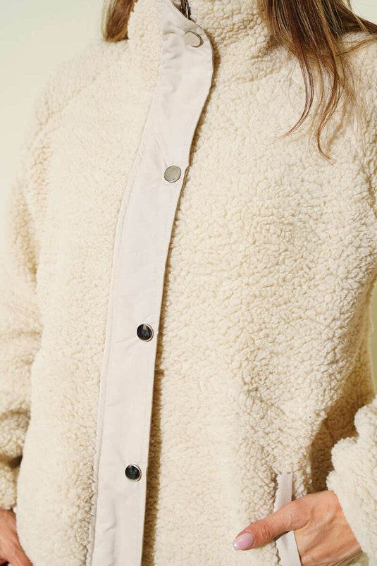 Fermuarlı Çıtçıtlı Peluş Mont Bej