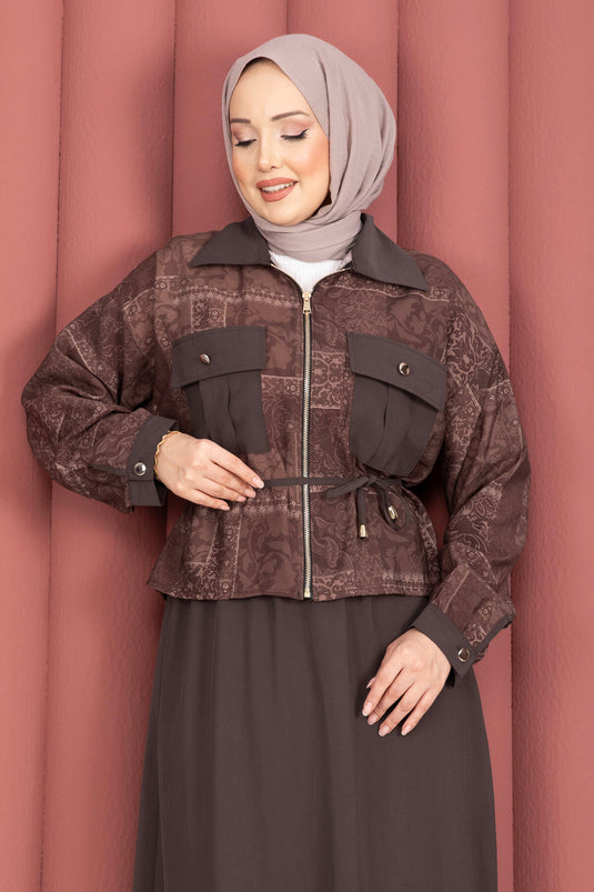 Fermuarlı Crop Ceketli Etekli Takım Kahve