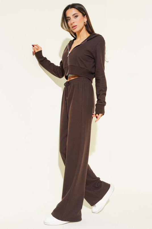 Ensemble double cardigan court à fermeture éclair marron