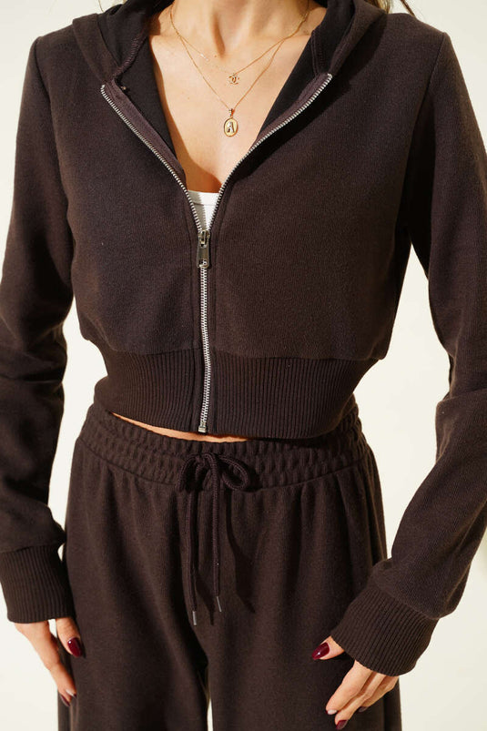 Ensemble double cardigan court à fermeture éclair marron