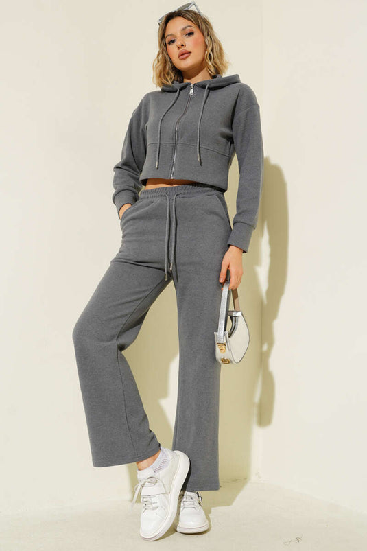 Zip-up Crop Two-Piece Set Grey