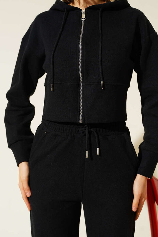 Zip-up Crop Two-Piece Set, Black