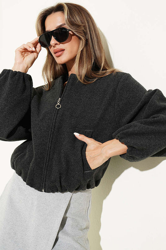 Manteau En Laine À Détail Zippé Anthracite