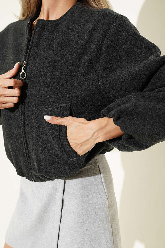 Manteau En Laine À Détail Zippé Anthracite