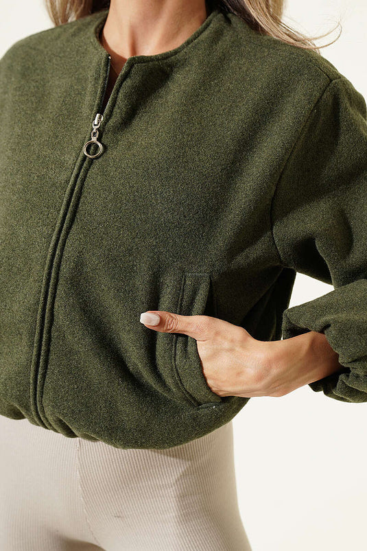 Kaki Wollmantel Mit Reißverschluss