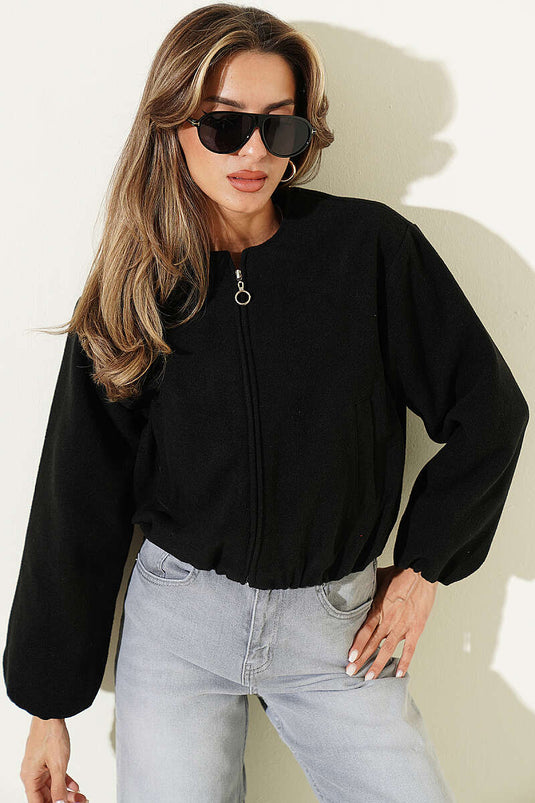 Zippered Patterned Wool Coat In Black