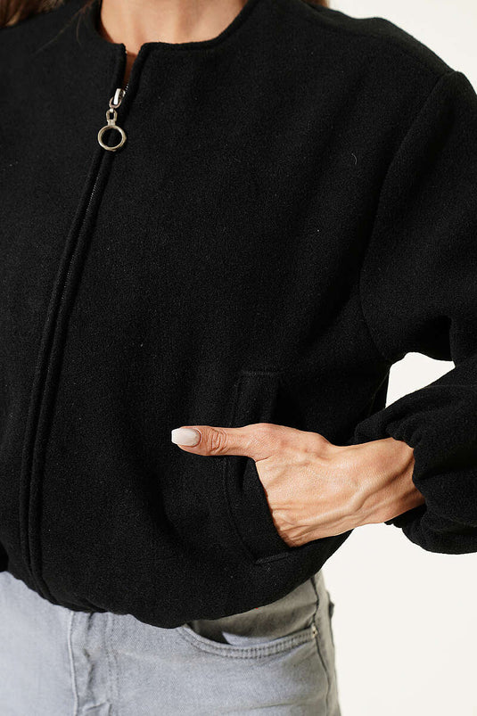 Zippered Patterned Wool Coat In Black