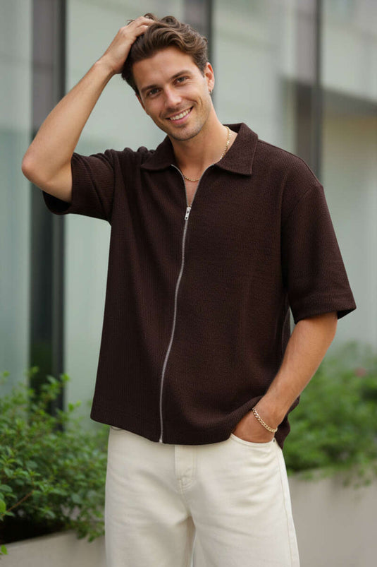 Short Sleeve Shirt with Zipper Detail Beige